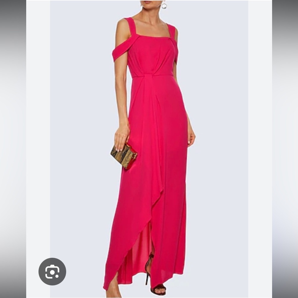 HALSTON Cold Shoulder Draped Silky Georgette Gown in Bright Raspberry Size 6 NWT